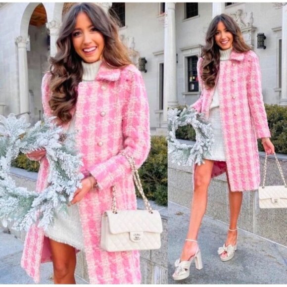 LOVE SHACK FANCY sz. M Asryn Coat Tweed Jacket Majestic Pink Houndstooth Weeve
